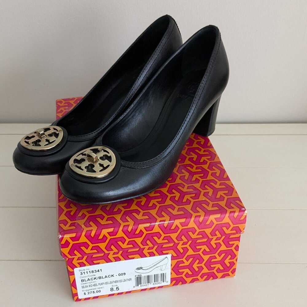 Tory Burch Black Leather Gold Medallion Selma Mid Heel Pumps Sz 8.5
